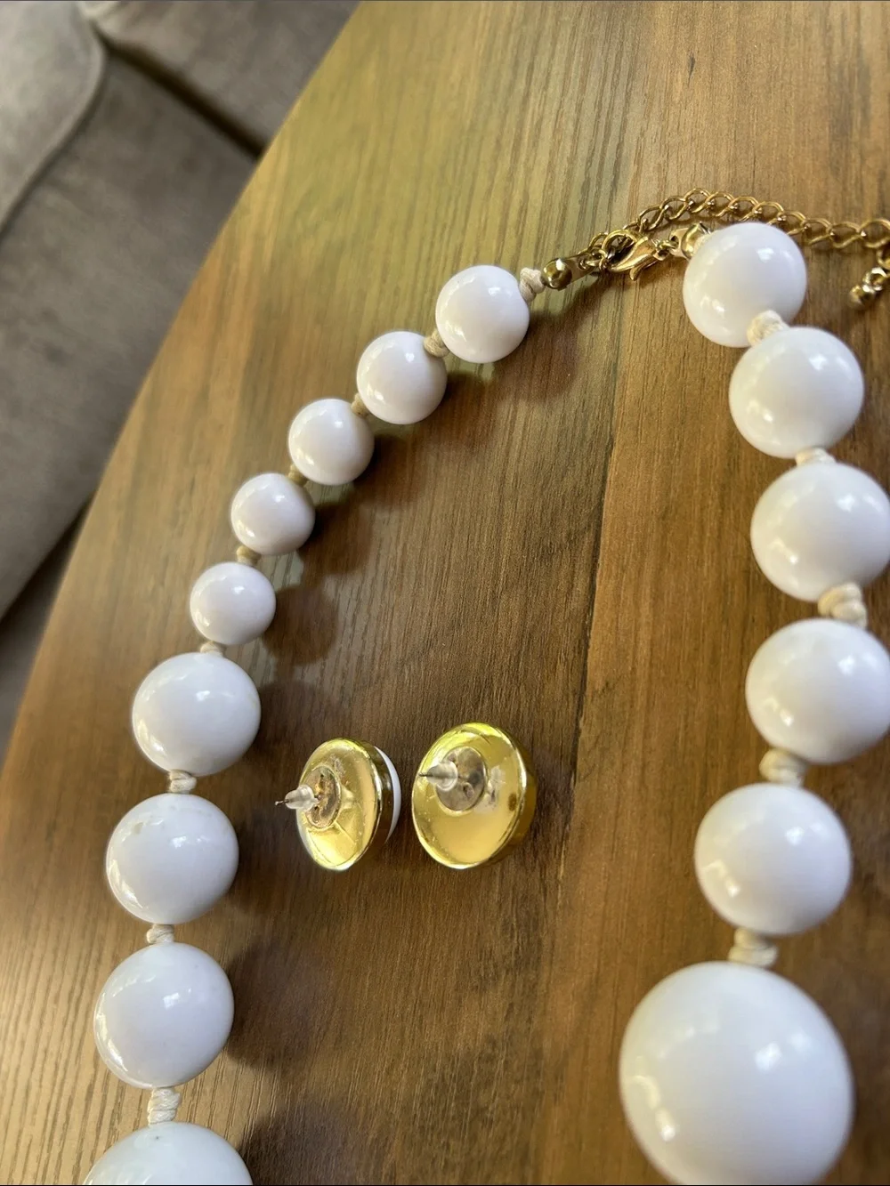 Vintage White Bead Necklace with Gold Accent Button Earrings Set